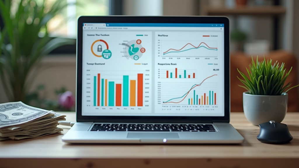 A laptop on a desk featuring analytics and income charts, stacks of dollar bills, a mouse, and affiliate links icons displayed on the screen.